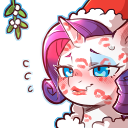 Size: 1159x1159 | Tagged: safe, artist:cold-blooded-twilight, imported from derpibooru, rarity, pony, unicorn, bedroom eyes, blushing, christmas, clothes, costume, eyeshadow, female, hat, holiday, kiss mark, lipstick, makeup, mare, mistletoe, santa costume, santa hat, simple background, solo, sweat, transparent background