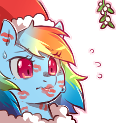 Size: 1159x1159 | Tagged: safe, artist:cold-blooded-twilight, imported from derpibooru, rainbow dash, pegasus, pony, christmas, clothes, costume, female, hat, holiday, kiss mark, lipstick, mistletoe, santa costume, santa hat, solo, sweat, sweatdrop