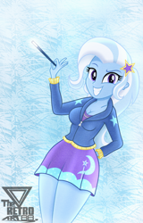 Size: 1350x2109 | Tagged: safe, artist:theretroart88, imported from derpibooru, trixie, equestria girls, breasts, busty trixie, cleavage, female, grin, looking at you, magic wand, smiling, solo, stupid sexy trixie