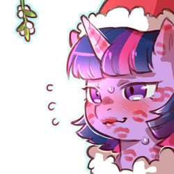 Size: 1159x1159 | Tagged: safe, artist:cold-blooded-twilight, imported from derpibooru, twilight sparkle, pony, unicorn, blushing, christmas, clothes, costume, female, hat, holiday, implied hornjob, kiss mark, lipstick, mistletoe, santa costume, santa hat, simple background, solo, sweat, transparent background