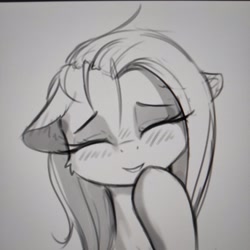 Size: 3472x3472 | Tagged: source needed, safe, artist:alcor, imported from derpibooru, fluttershy, pony, blushing, cute, daaaaaaaaaaaw, eyes closed, floppy ears, giggling, high res, hoof over mouth, looking at you, monochrome, shyabetes, sketch, smiling, smiling at you