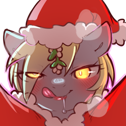 Size: 1159x1159 | Tagged: safe, artist:cold-blooded-twilight, imported from derpibooru, derpy hooves, pony, bedroom eyes, blushing, christmas, clothes, costume, drool, female, glowing, glowing eyes, hat, holiday, licking, licking lips, lipstick, looking at you, mistletoe, panting, rapeface, santa costume, santa hat, simple background, solo, tongue out, transparent background