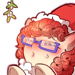 Size: 1159x1159 | Tagged: safe, artist:cold-blooded-twilight, imported from derpibooru, twist, pony, blushing, blushing profusely, christmas, clothes, costume, curly hair, ear blush, eyes closed, female, filly, glasses, hat, holiday, kissy face, mistletoe, raised hoof, red hair, santa costume, santa hat, simple background, solo, sweat, transparent background