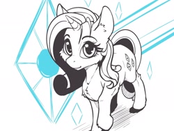 Size: 2048x1536 | Tagged: safe, artist:alcor, imported from derpibooru, rarity, pony, unicorn, blushing, cheek fluff, chest fluff, cutie mark background, ear fluff, female, hoof fluff, looking at you, looking up, looking up at you, mare, monochrome, raised hoof, sketch, smiling, solo, standing, stray strand, three quarter view