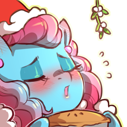 Size: 1159x1159 | Tagged: safe, artist:cold-blooded-twilight, imported from derpibooru, cup cake, pony, blushing, christmas, clothes, costume, ear blush, ear piercing, earring, eyes closed, eyeshadow, female, food, hat, holiday, jewelry, kissy face, lipstick, makeup, mistletoe, pie, piercing, santa costume, santa hat, simple background, solo, sweat, transparent background