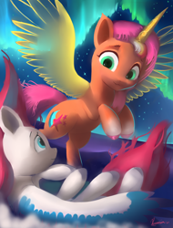 Size: 1600x2100 | Tagged: safe, artist:auroriia, imported from derpibooru, sunny starscout, zipp storm, alicorn, pegasus, pony, spoiler:my little pony: a new generation, artificial horn, artificial wings, augmented, aurora borealis, duo, female, flying, g5, horn, magic, magic horn, magic wings, mare, my little pony: a new generation, night, princess sunny starscout, race swap, sunnycorn, wings