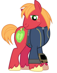 Size: 3934x5000 | Tagged: safe, artist:dashiesparkle, artist:ponygamer2020, imported from derpibooru, big macintosh, earth pony, pony, fallout equestria, absurd resolution, clothes, cutie mark, fallout, jumpsuit, looking back, looking down, male, pipboy, simple background, smiling, solo, stallion, transparent background, unshorn fetlocks, vault suit, vector