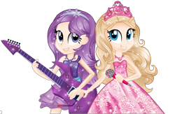 Size: 2160x1408 | Tagged: safe, artist:gihhbloonde, imported from derpibooru, equestria girls, ashleigh ball, barbie, barbie princess and the popstar, base used, blonde, clothes, crossover, dress, duo, duo female, electric guitar, equestria girls-ified, eyelashes, female, grin, guitar, jewelry, kelly sheridan, kiera, look-alike, microphone, musical instrument, musician, princess, princess tori, purple hair, simple background, singer, smiling, tiara, tori, transparent background, voice actor joke