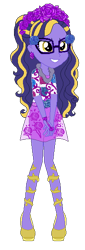 Size: 200x586 | Tagged: safe, artist:gihhbloonde, imported from derpibooru, oc, oc only, oc:sci bella, equestria girls, base used, clothes, eyelashes, female, floral head wreath, flower, glasses, grin, simple background, skirt, smiling, solo, transparent background