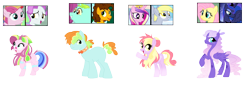 Size: 2266x774 | Tagged: safe, artist:selenaede, artist:tragedy-kaz, imported from derpibooru, coconut cream, derpy hooves, fluttershy, princess cadance, princess luna, toola roola, oc, alicorn, earth pony, pegasus, pony, base used, caderpy, crack ship offspring, crack shipping, female, lesbian, lunashy, magical lesbian spawn, male, mare, offspring, parent:cheese sandwich, parent:coconut cream, parent:derpy hooves, parent:fluttershy, parent:princess cadance, parent:princess luna, parent:toola roola, parent:whoa nelly, parents:caderpy, parents:lunashy, parents:toolanut, screencap reference, shipping, simple background, stallion, toolanut, transparent background