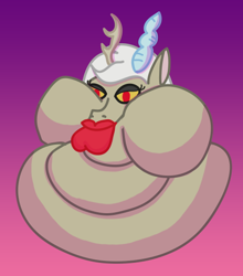 Size: 510x580 | Tagged: safe, artist:jacalope, imported from derpibooru, discord, draconequus, blob, blobface, chubby cheeks, eris, fat, fat face, fatcord, lipstick, neck roll, obese, rule 63, solo, triple chin