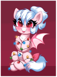 Size: 895x1200 | Tagged: safe, artist:confetticakez, imported from derpibooru, oc, oc only, oc:cream puff, bat pony, pony, animated, bow, chest fluff, christmas, christmas lights, coat markings, cute, facial markings, fangs, gif, heart eyes, holiday, looking at you, ocbetes, pale belly, red background, simple background, sitting, smiling, snip (coat marking), solo, spread wings, tail, tail bow, tongue out, white belly, wingding eyes, wings
