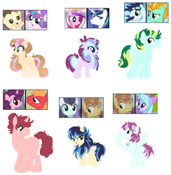 Size: 1566x1606 | Tagged: safe, artist:tragedy-kaz, imported from derpibooru, big macintosh, coloratura, feather bangs, flitter, lightning dust, pound cake, princess cadance, princess flurry heart, shining armor, soarin', sugar belle, oc, earth pony, pegasus, pony, unicorn, base used, bow, bust, colorabangs, crack ship offspring, crack shipping, female, hair bow, horn, male, mare, offspring, parent:big macintosh, parent:coloratura, parent:feather bangs, parent:flitter, parent:lightning dust, parent:pound cake, parent:princess cadance, parent:princess flurry heart, parent:shining armor, parent:soarin', parent:sugar belle, parents:colorabangs, parents:poundflurry, parents:shiningcadance, parents:soarindust, parents:sugarmac, poundflurry, screencap reference, shiningcadance, shipping, simple background, soarindust, stallion, straight, sugarmac, transparent background, wings