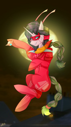 Size: 1500x2666 | Tagged: safe, artist:mirtalimeburst, imported from derpibooru, oc, oc only, pony, unicorn, braided tail, clothes, costume, female, full moon, horn, mare, mask, moon, signature, smiling, solo, tail, unicorn oc