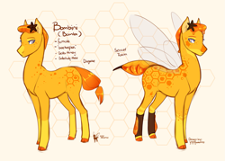 Size: 1879x1348 | Tagged: safe, artist:royvdhel-art, imported from derpibooru, oc, oc only, oc:bombini, bee pony, original species, pony, duo, female, mare, reference sheet, signature, simple background, wings