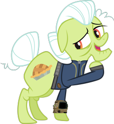 Size: 5320x5770 | Tagged: safe, artist:90sigma, artist:ponygamer2020, imported from derpibooru, granny smith, earth pony, pony, fallout equestria, leap of faith, absurd resolution, clothes, cutie mark, fallout, female, jumpsuit, looking back, mare, older, open mouth, pipboy, simple background, solo, transparent background, vault suit, vector