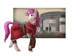 Size: 3777x2893 | Tagged: safe, artist:royvdhel-art, imported from derpibooru, oc, oc only, oc:glimmerlight, pony, unicorn, belt, clothes, female, high res, horn, mare, raised hoof, smiling, solo, unicorn oc