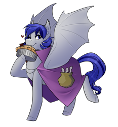 Size: 1111x1190 | Tagged: safe, artist:royvdhel-art, imported from derpibooru, oc, oc only, bat pony, pony, bat pony oc, bat wings, cape, clothes, female, food, hoof hold, mare, one eye closed, pie, simple background, smiling, solo, transparent background, wings, wink