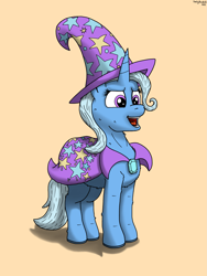 Size: 2235x2978 | Tagged: safe, artist:darkyboode32, imported from derpibooru, trixie, pony, unicorn, cape, clothes, female, hat, mare, open mouth, orange background, simple background, solo, trixie's cape, trixie's hat