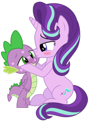 Size: 1192x1623 | Tagged: safe, artist:kingdark0001, imported from ponybooru, spike, starlight glimmer, dragon, blushing, cute, female, kiss mark, kissing, lipstick, lucky bastard, male, romantic, shipping, simple background, sparlight, straight, transparent background, winged spike, wings