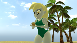 Size: 1920x1080 | Tagged: safe, artist:mr.uberrebu25, imported from derpibooru, derpy hooves, equestria girls, 3d, beach, beach babe, clothes, food, green swimsuit, leotard, muffin, one-piece swimsuit, solo, swimsuit