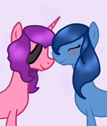 Size: 847x997 | Tagged: safe, artist:naturajellyfish, imported from derpibooru, oc, oc:eyepatch, oc:susy apple, oc:suzanne de los ponies applesauce, earth pony, pony, unicorn, blushing, female, heart, lesbian, oc x oc, shipping