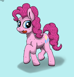 Size: 2048x2122 | Tagged: safe, artist:darkyboode32, imported from derpibooru, pinkie pie, earth pony, pony, blue background, cute, diapinkes, female, looking back, mare, prancing, simple background, solo, tongue out, walking