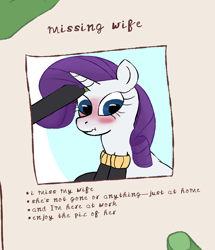 Size: 2610x3040 | Tagged: safe, artist:wren, rarity, oc, oc:anon, pony, unicorn, blushing, clothes, female, head pat, mare, meme, missing, pat, patting, photo, scrunch, scrunchy face, simple background, sitting, socks, solo, thumb, wife
