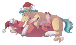 Size: 3400x2000 | Tagged: safe, artist:kikirdcz, imported from derpibooru, hitch trailblazer, sprout cloverleaf, earth pony, pony, blushing, christmas, coat markings, commission, duo, duo male, ear fluff, eyebrows, eyes closed, floppy ears, g5, gay, hat, high res, hitchsprout, holiday, kissing, lying down, male, my little pony: a new generation, on back, santa hat, shipping, simple background, smiling, socks (coat markings), stallion, transparent background, unshorn fetlocks