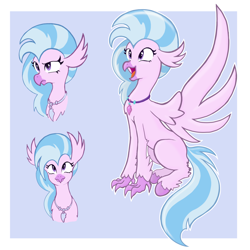 Size: 1832x1832 | Tagged: safe, artist:darkgred, imported from derpibooru, silverstream, classical hippogriff, hippogriff, behaving like a bird, birb, cute, diastreamies, female, happy, horsebird, jewelry, necklace, open mouth, open smile, simple background, sitting, smiling, solo, spread wings, wings