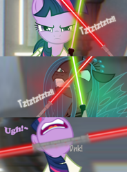 Size: 1920x2609 | Tagged: safe, imported from derpibooru, queen chrysalis, twilight sparkle, alicorn, changeling, changeling queen, darth maul, female, imminent death, jedi, jedi master, lightsaber, obi wan kenobi, padawan, qui-gon jinn, sith, star wars, star wars: the phantom menace, this will end in death, twi-gon, twilight sparkle (alicorn), weapon