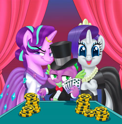 Size: 5789x5870 | Tagged: safe, artist:art-2u, imported from derpibooru, rarity, spike, starlight glimmer, dragon, pony, unicorn, bowtie, cane, card, casino, casino chips, clothes, commission, curtains, dress, female, hat, jewelry, male, playing card, poker, royal flush, shipping, smug, smuglight glimmer, spades, sparity, sparlight, spike gets all the mares, straight, table, top hat