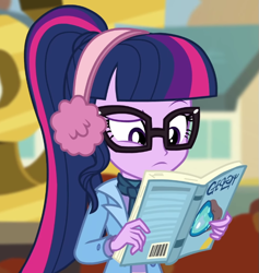 Size: 669x706 | Tagged: safe, imported from derpibooru, screencap, sci-twi, twilight sparkle, equestria girls, equestria girls series, holidays unwrapped, spoiler:eqg series (season 2), blizzard or bust, book, cropped, solo