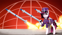 Size: 2844x1600 | Tagged: safe, artist:mrscroup, imported from derpibooru, oc, oc only, pony, unicorn, clothes, missile, solo, uniform, weapon