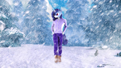 Size: 3840x2160 | Tagged: safe, artist:unie, imported from derpibooru, oc, oc:crystal glaze, anthro, plantigrade anthro, rabbit, unicorn, 3d, animal, boots, branches, clothes, hair, high res, horn, jacket, mane, nexgen, pants, pine tree, shoes, snow, snowfall, solo, source filmmaker, tail, tree, unicorn oc, winter