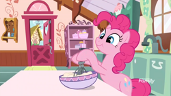 Size: 1920x1080 | Tagged: safe, imported from derpibooru, screencap, pinkie pie, earth pony, pony, between dark and dawn, baking, batter, bipedal, bowl, cute, diapinkes, egg beater, female, food, mare, ponyville, sink, solo, sugarcube corner, table, window
