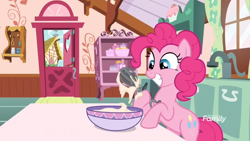 Size: 1920x1080 | Tagged: safe, imported from derpibooru, screencap, pinkie pie, earth pony, between dark and dawn, baking, batter, bipedal, bowl, cute, diapinkes, egg beater, food, happy, ponyville, sink, smiling, solo, sugarcube corner, table, window