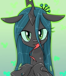 Size: 640x740 | Tagged: safe, artist:batipin, imported from derpibooru, queen chrysalis, changeling, changeling queen, crown, female, gradient background, jewelry, looking at you, regalia, solo, tongue out