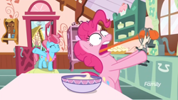 Size: 1920x1080 | Tagged: safe, imported from derpibooru, screencap, cup cake, pinkie pie, between dark and dawn, season 9, batter, bipedal, bowl, discovery family logo, egg beater, eyes closed, faic, female, food, long tongue, shrunken pupils, sink, stuck, sugarcube corner, table, tongue out