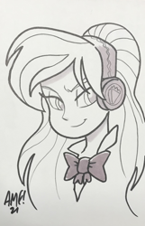 Size: 1886x2930 | Tagged: safe, artist:tonyfleecs, imported from derpibooru, lemon zest, equestria girls, friendship games, commission, commissioner:mayorlight, grayscale, headphones, looking at you, monochrome, traditional art