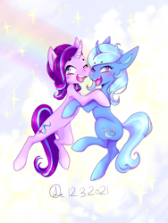 Size: 640x853 | Tagged: safe, artist:fatherdetrash, imported from derpibooru, starlight glimmer, trixie, pony, unicorn, duo, duo female, eyebrows, eyebrows visible through hair, female, hug, lesbian, mare, one eye closed, open mouth, open smile, shipping, smiling, startrix