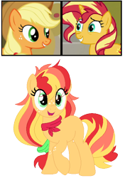 Size: 422x600 | Tagged: safe, artist:tragedy-kaz, imported from derpibooru, applejack, sunset shimmer, oc, earth pony, pony, unicorn, equestria girls, equestria girls series, forgotten friendship, appleshimmer, base used, eyelashes, female, freckles, grin, hat, lesbian, magical lesbian spawn, offspring, parent:applejack, parent:sunset shimmer, screencap reference, shipping, simple background, smiling, transparent background