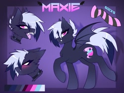 Size: 1626x1220 | Tagged: safe, artist:darkmaxxie, imported from derpibooru, oc, oc only, oc:maxie, bat pony, bat pony oc, blushing, choker, clothes, fangs, looking at you, open mouth, reference sheet, socks, striped socks, tongue out