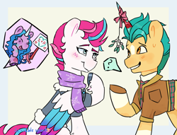 Size: 1700x1300 | Tagged: dead source, safe, artist:scribblespark, imported from derpibooru, hitch trailblazer, izzy moonbow, zipp storm, earth pony, pegasus, pony, unicorn, blushing, clothes, cute, fake horn, female, g5, hitchzipp, jacket, male, mare, mistletoe, my little pony: a new generation, scarf, shipper on deck, shipping, sign, stallion, straight