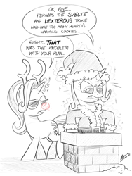 Size: 1500x2000 | Tagged: safe, artist:mellodillo, imported from derpibooru, part of a set, starlight glimmer, trixie, chimney, christmas, clothes, costume, duo, fake antlers, grayscale, hat, holiday, monochrome, red nose, rudolph nose, santa costume, santa hat, starlight glimmer is not amused, stuck, unamused