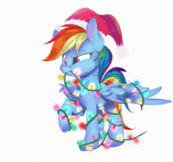 Size: 560x525 | Tagged: safe, artist:sketchiix3, imported from derpibooru, rainbow dash, pegasus, pony, animated, christmas, christmas lights, female, gif, hat, holiday, mare, mouth hold, santa hat, simple background, solo, tangled up, white background