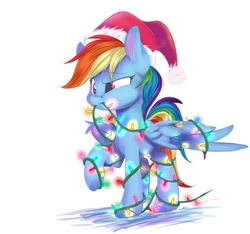 Size: 1280x1200 | Tagged: safe, alternate version, artist:sketchiix3, imported from derpibooru, rainbow dash, pegasus, pony, christmas, christmas lights, female, hat, holiday, mare, mouth hold, santa hat, simple background, solo, tangled up, white background