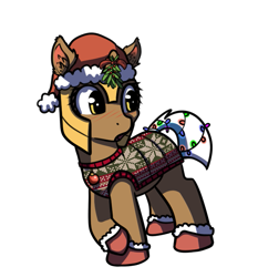 Size: 681x732 | Tagged: safe, artist:neuro, imported from derpibooru, pony, unicorn, blushing, christmas, christmas lights, ear fluff, female, guardsmare, hat, holiday, mare, mistletoe, royal guard, santa hat, simple background, solo, transparent background