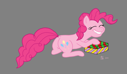 Size: 1487x869 | Tagged: safe, imported from derpibooru, pinkie pie, earth pony, pony, balloonbutt, butt, digital art, female, gray background, grin, lying down, mare, plot, present, simple background, smiling, solo