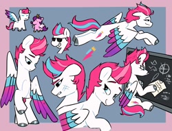 Size: 1700x1300 | Tagged: safe, artist:scribblespark, imported from derpibooru, pipp petals, zipp storm, pegasus, pony, chalkboard, equation, female, flying, folded wings, g5, looking down, mare, math, messy mane, mouth hold, my little pony: a new generation, pipp is short, raised hoof, scuff mark, sheet, smiling, spread wings, sunglasses, wings, writing